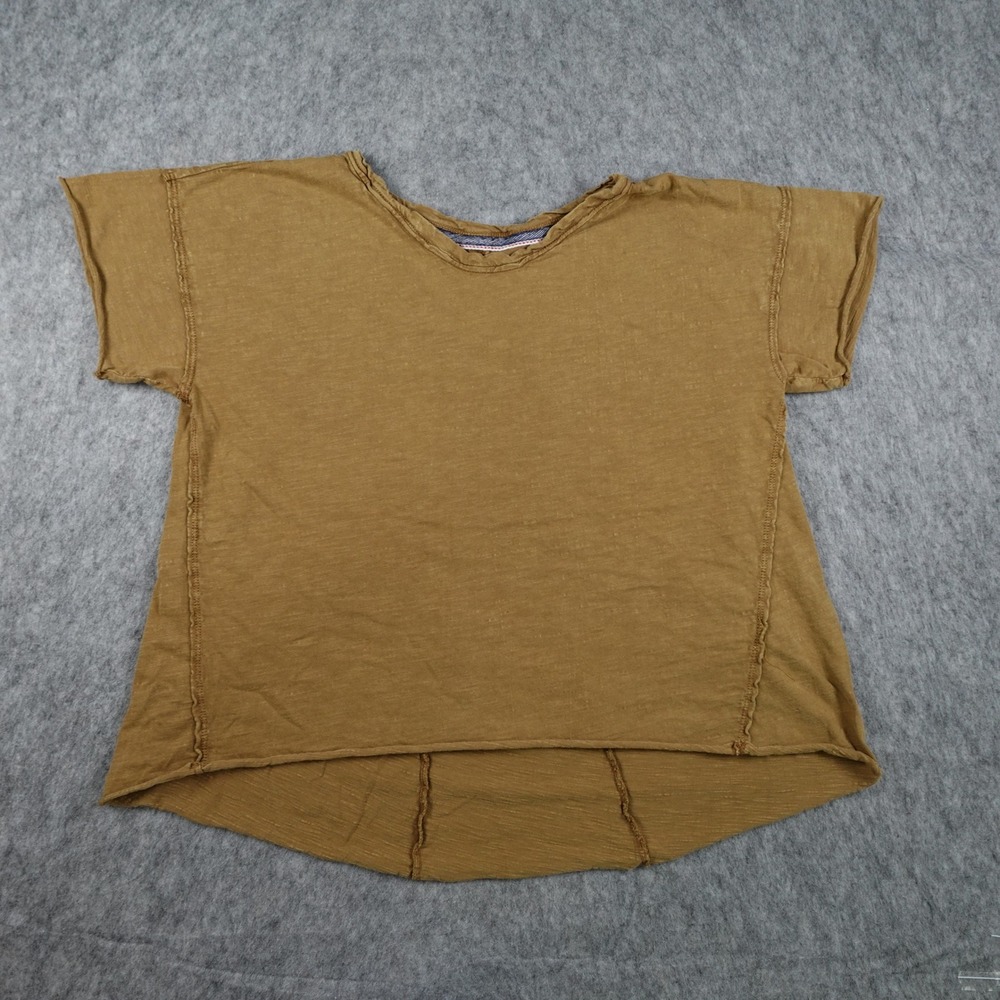 Pilcro Top Women Small Gold Brown Cotton Slub Knit Raw Hem High Low Short Sleeve